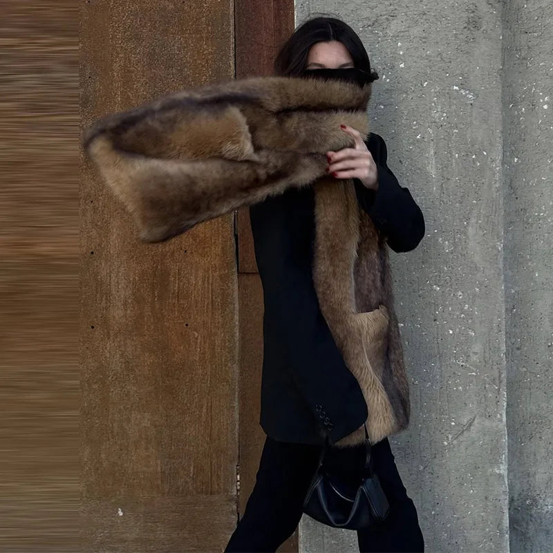 Long Thick Plush Faux Fur Scarf With Fringe for Women