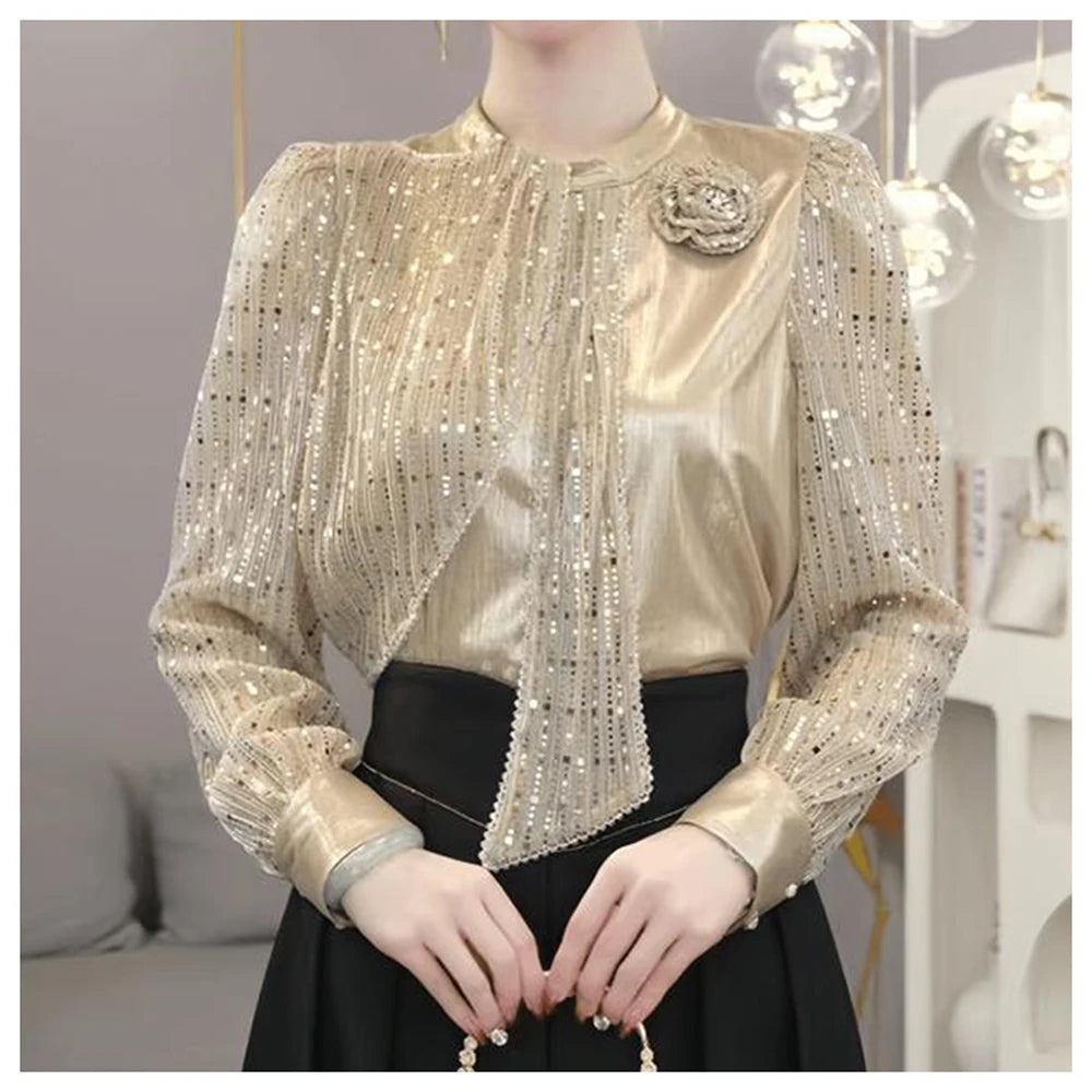 Chiffon Loose Small Stand Up Collar Bow Blouse for Women