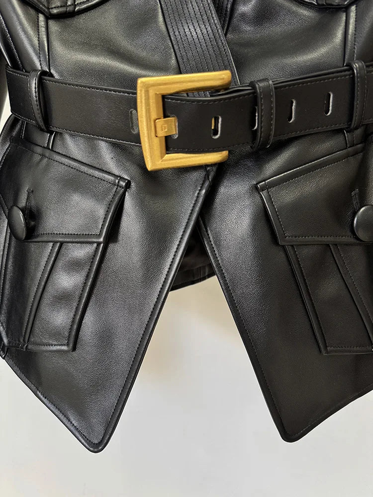 Slim Fit Faux Leather Motorcycle Jacket With Pockets for Women