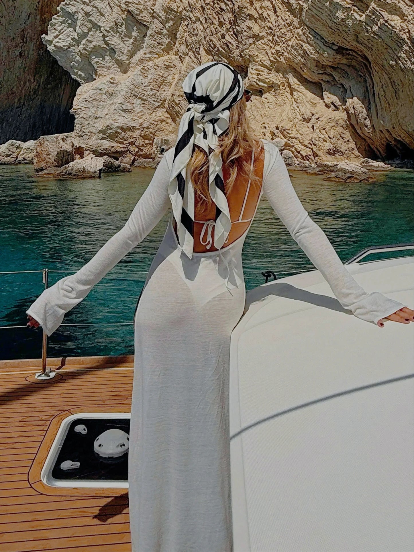 Women's White Knit See-through Swimwear Cover-up 2025 Summer Fall Clothes Sexy Backless Long Sleeve Split Beach Maxi Dress C82