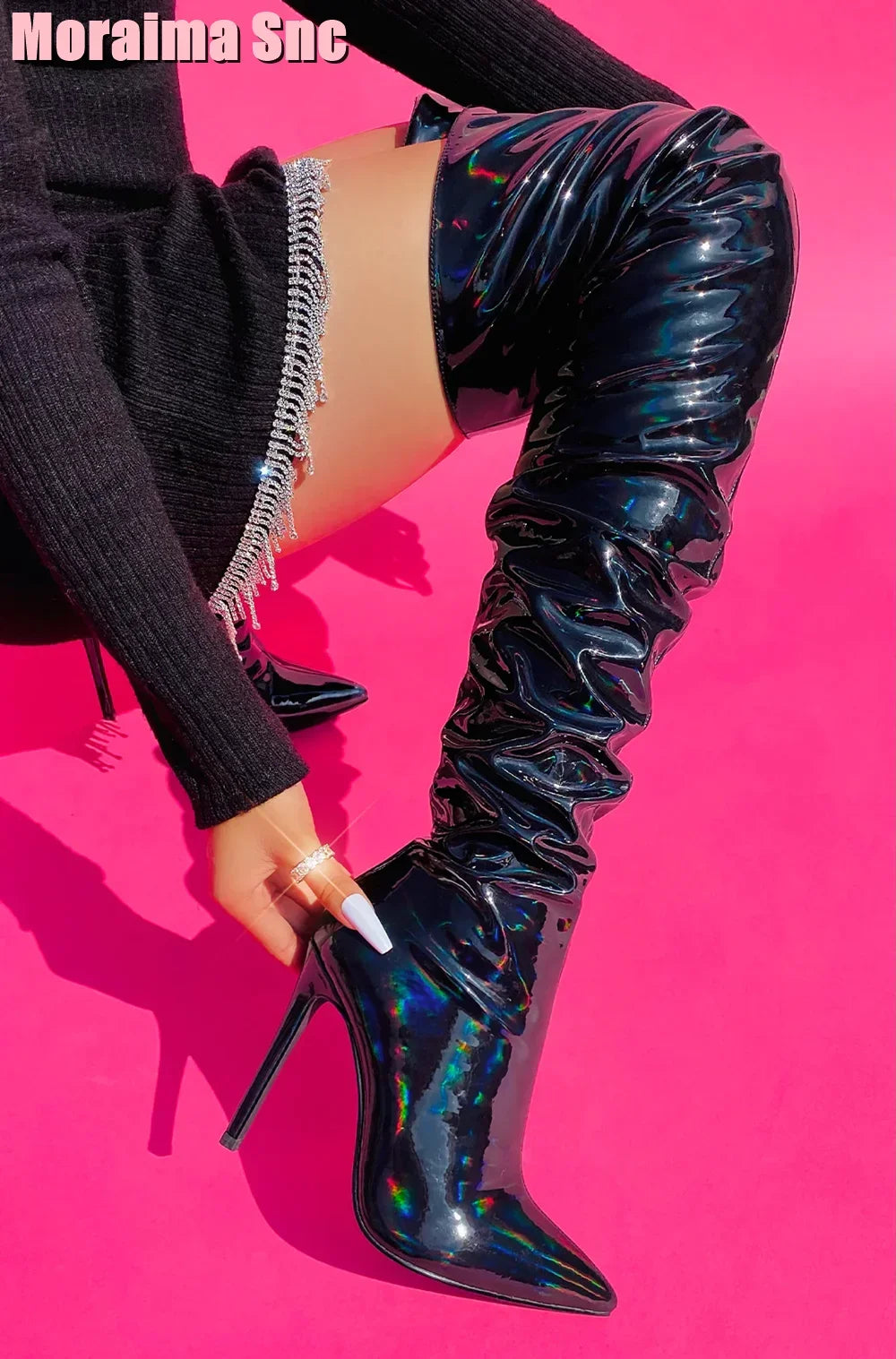 Elegant Pleated Patent Leather Stiletto Boots for Women