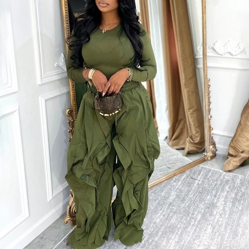 Casual With Long-Sleeve Top And Wave Details Two-Piece Sweat Set for Women