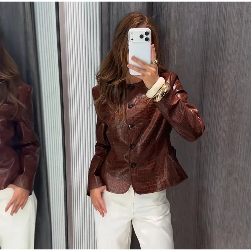 Slim Fit Single Breasted Faux Leather Jacket for Women