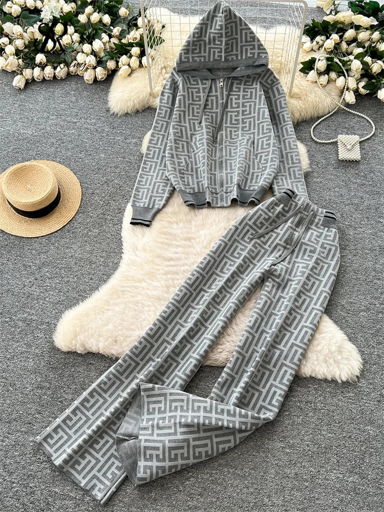 Geometric Print Hooded Knit Two Piece Set for Women