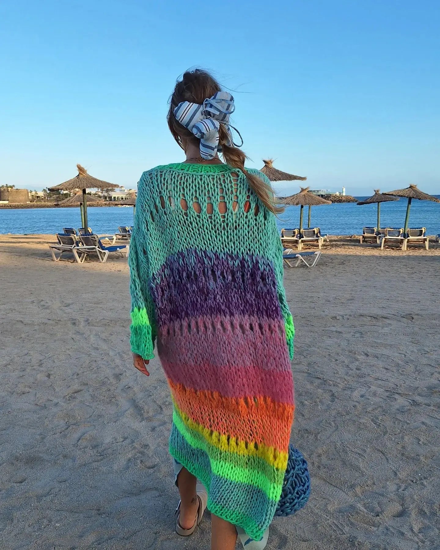 Boho Colorful Luxuriously Handknit Bell Sleeve Crochet Loose Kimono Cardigan 2024 Women Fall Winter Coat Beach Coverup Dress K12