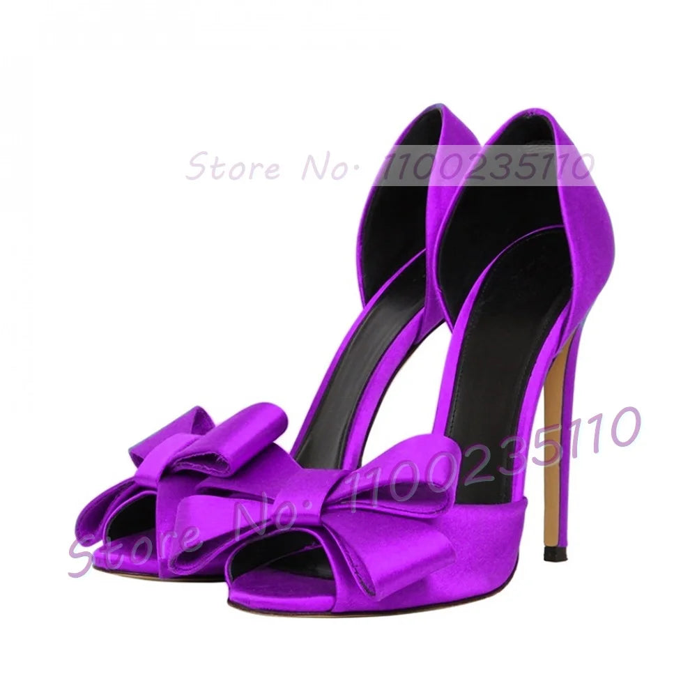 Elegant Rose Red Satin Bowknot Peep Toe Pumps for Women