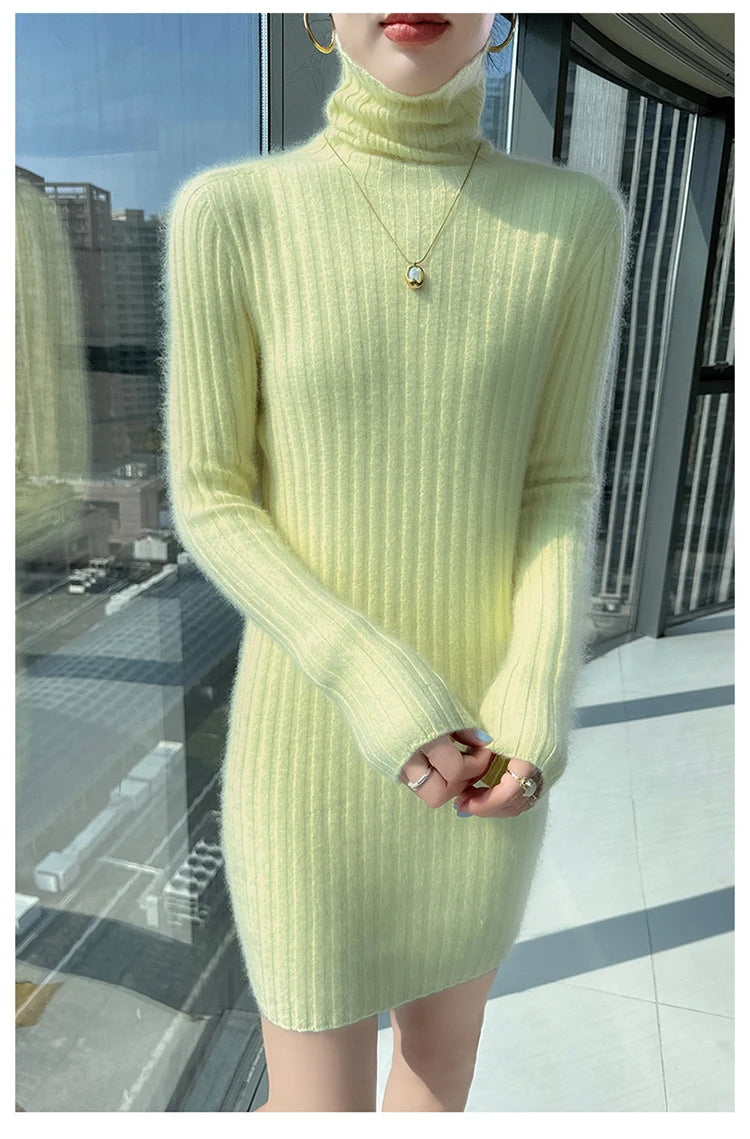 High Neck Slim Fit Stretch Knit Mini Dress for Women