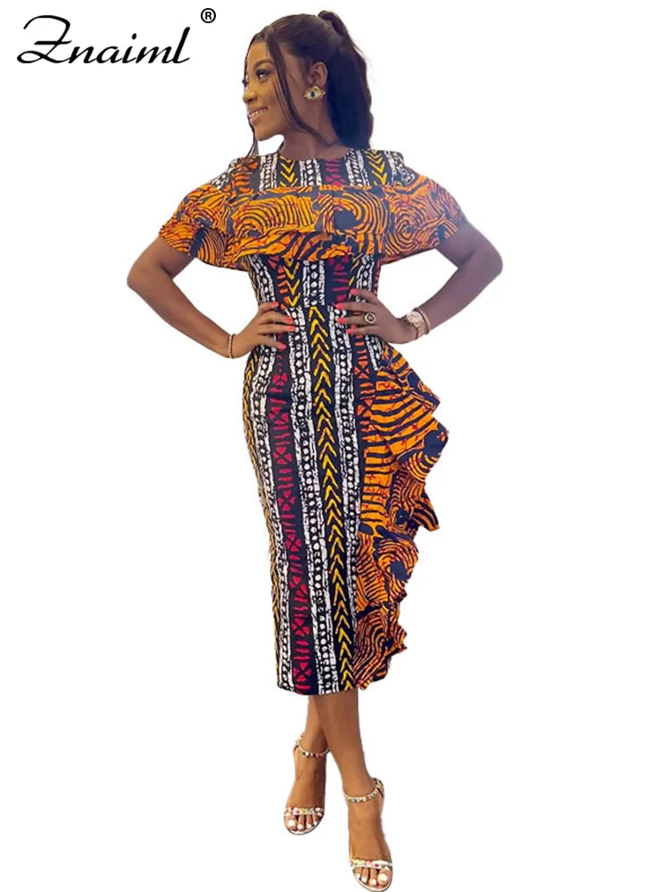 Znaiml African Festival Print Dresses Elegant Women Summer Short Sleeve Ruffles Bodycon Midi Dress Fashion Vacation Party Robe