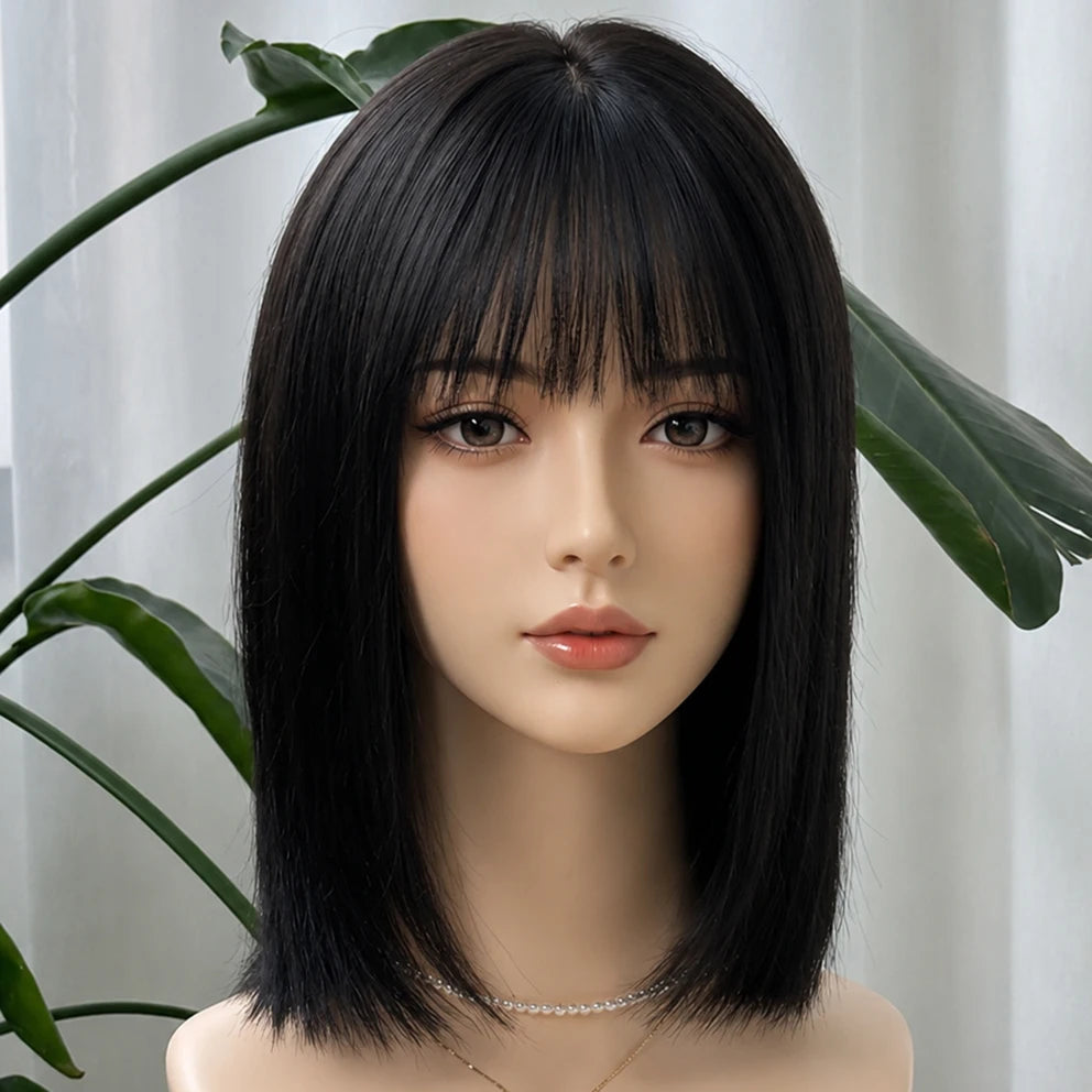 European Virgin Hair Silk Base Short Bob Wig with Air Bangs for Women