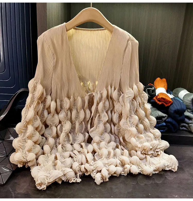 Elegant Lace Up Pleated Long Sleeve Coat for Women
