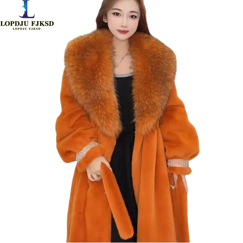 Faux Fur Coat for Women,Turn-down Collar,Loose Thicken Warm Jacket,Female Clothes,Adjustable Waist,New ,Winter