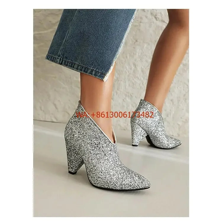 New Blingbling Pointed Toe Women Chunky Spike Heel Sequins Ankle Boots V Open Slip On Spike Heel Pointy Sequined Boots Size 43