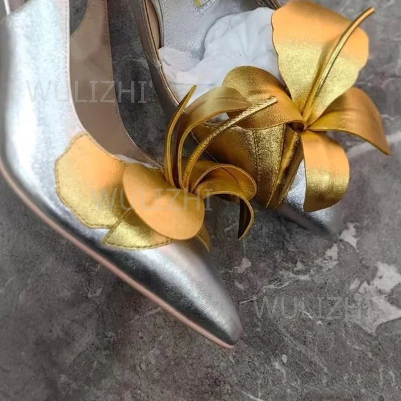 Floral Applique Metallic Patent Leather Slingback Sandals for Women