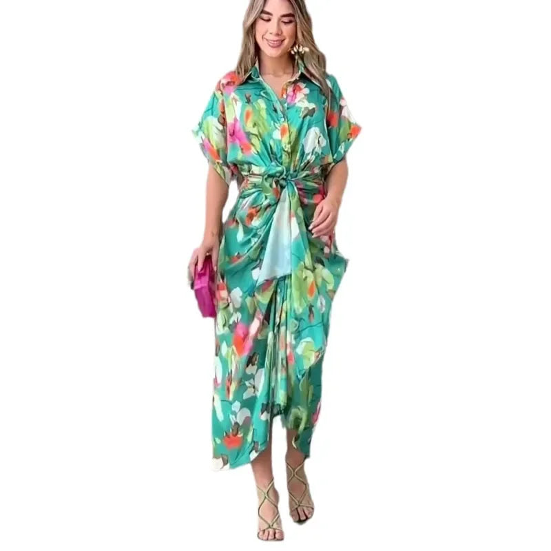 Printed Button Front Ankle Length Shirt Dress with Belt for Women