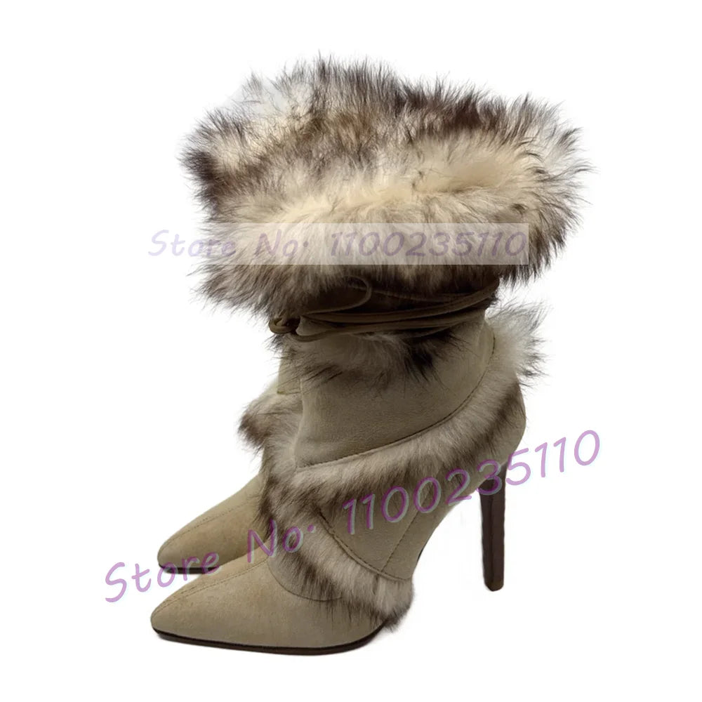 Beige Suede Pointed Toe High Heel Ankle Boots For Women