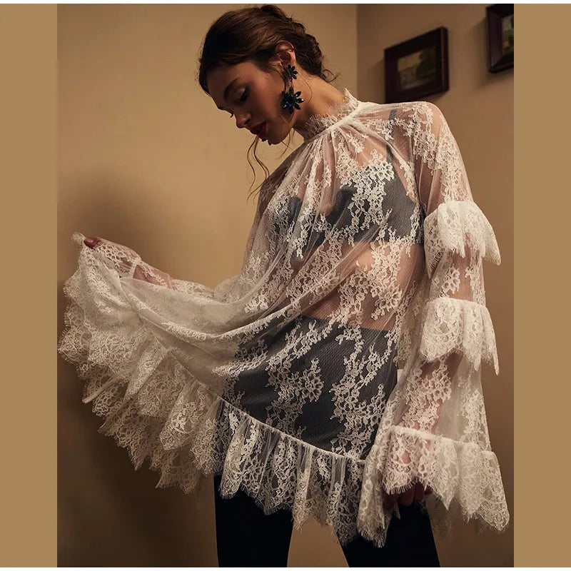 Lace See Through High Neck Long Sleeves A Line Mini Dress for Women