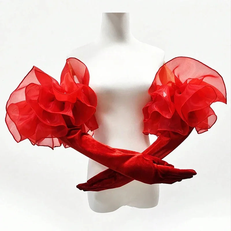 Elegant Velvet Elbow Length Ruffle Gloves for Women