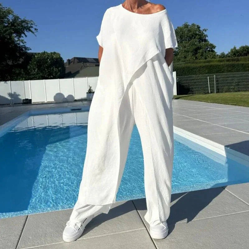 Chic Crew Neck Slit Long Top+High Waist Pant 2 Piece Set Woman Casual Solid Cotton Linen Suits Summer Short Sleeve Loose Outfits