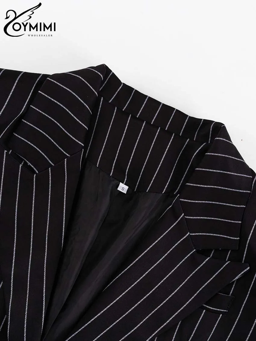 Oymimi Elegant Black Print Two Pice Outfits For Women Fashion Long Sleeve Single Button Blazers And High Waist Shorts Female Set