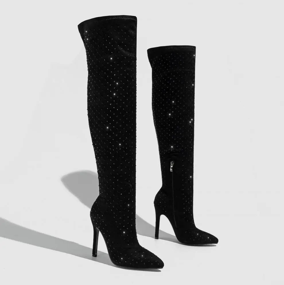 Stylish Suede Over The Knee Rhinestone Pointed Toe High Heel Boots for Women