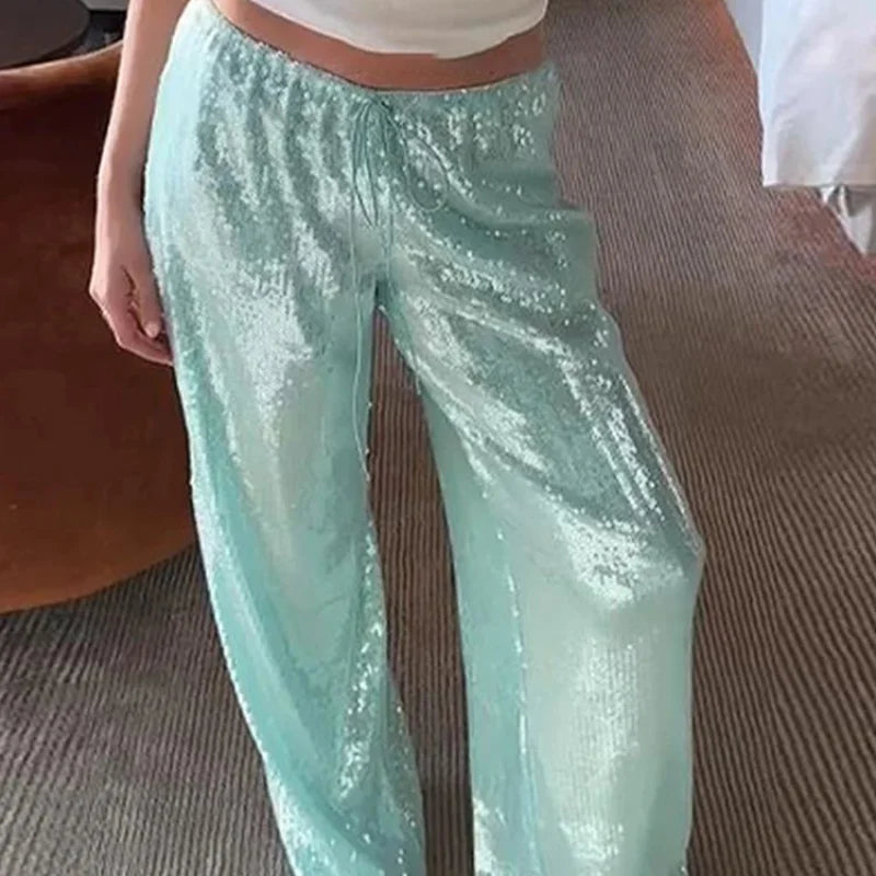 Casual Sequin Pants Women Loose Elastic Waist Wide Legs Trousers Female 2025 Spring Summer Fashion Chic Solid Streetwears Lady