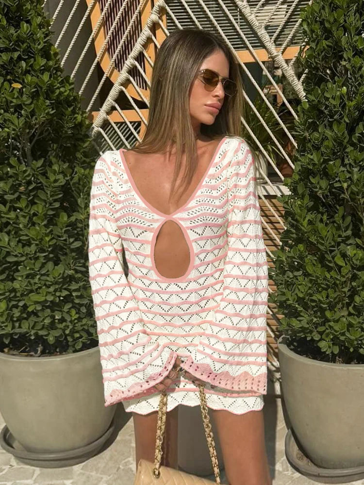 Sexy Boho Striped Chic V-neck Cut Out Bell Sleeve Knit Beach Mini Dress 2025 Summer Women Seaside Holiday Swimsuit Cover Up K123