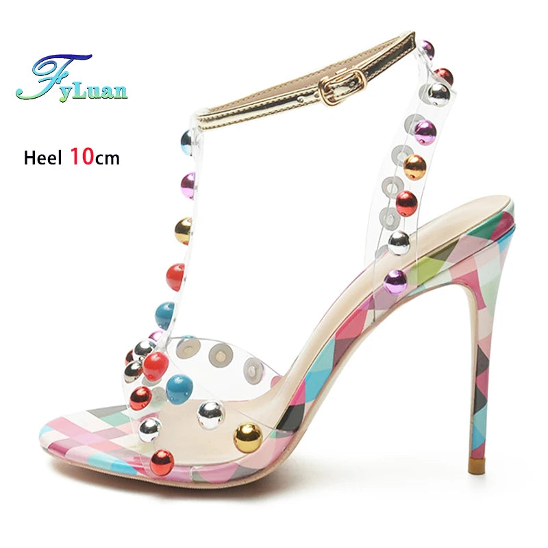 Studded Transparent T-Strap Stiletto Sandals for Women