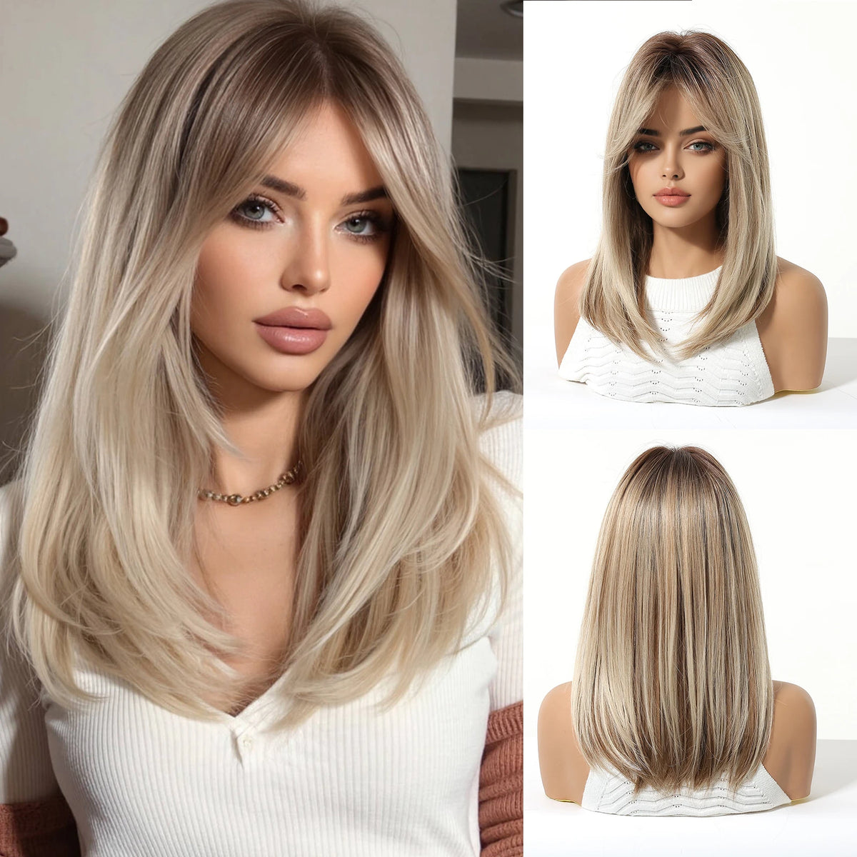 Medium Length Straight Blonde Wig With Bangs for Women