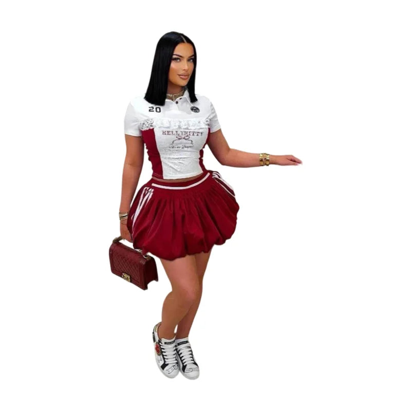 Women's Short Sleeve Color Block Polo Crop Top Matching Bubble Mini Skirt For Daily Street Sport Casual Weekend Occasions