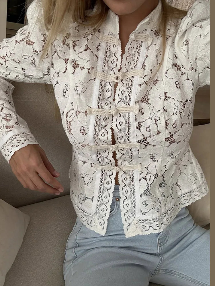 Elegant Embroidered Puff Sleeve Hollow Out Lace Blouse for Women