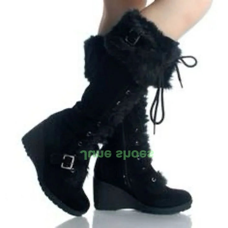 Fur Lined Lace Up Wedge Heel Knee High Boots for Women