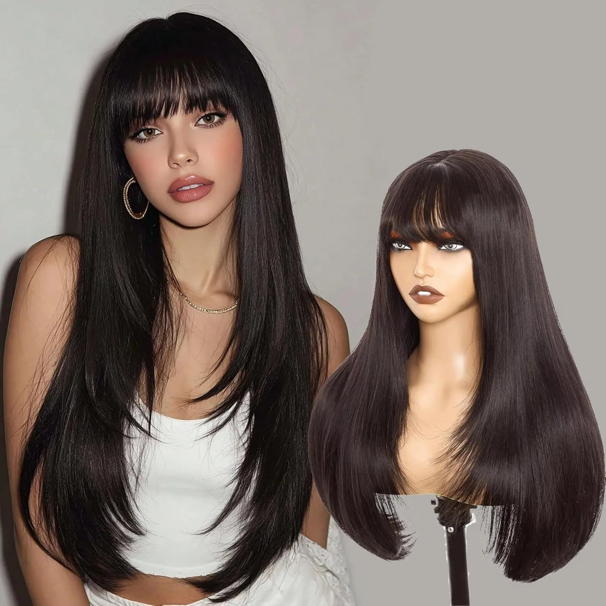 Natural Straight Layered Lace Front Wig With Bangs for Women