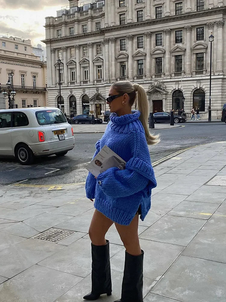 Oversized Knit Turtleneck Sweater With Lantern Sleeves For Women