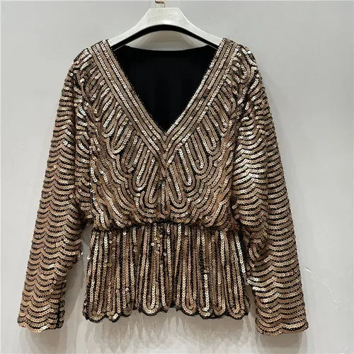 Ladies New Heavy Handmade Bling Beaded Sequins Batwing Sleeve Top Slimming Oversized Blouse Elegant Nightclub Pullover Shirts