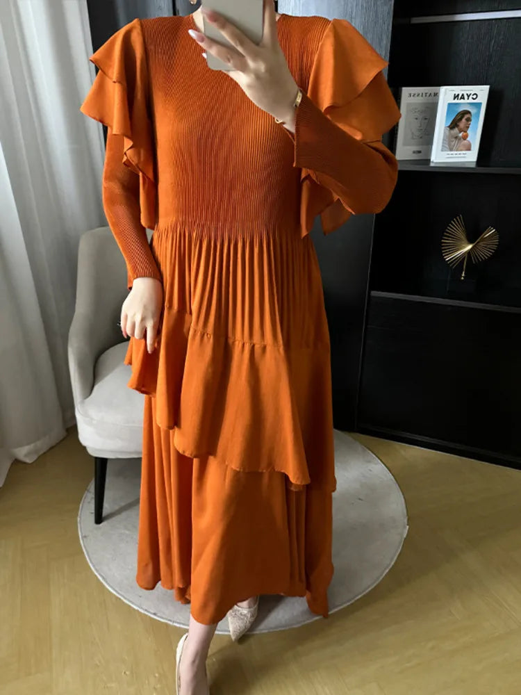 Pleated Tiered Long Sleeve Maxi Dress
