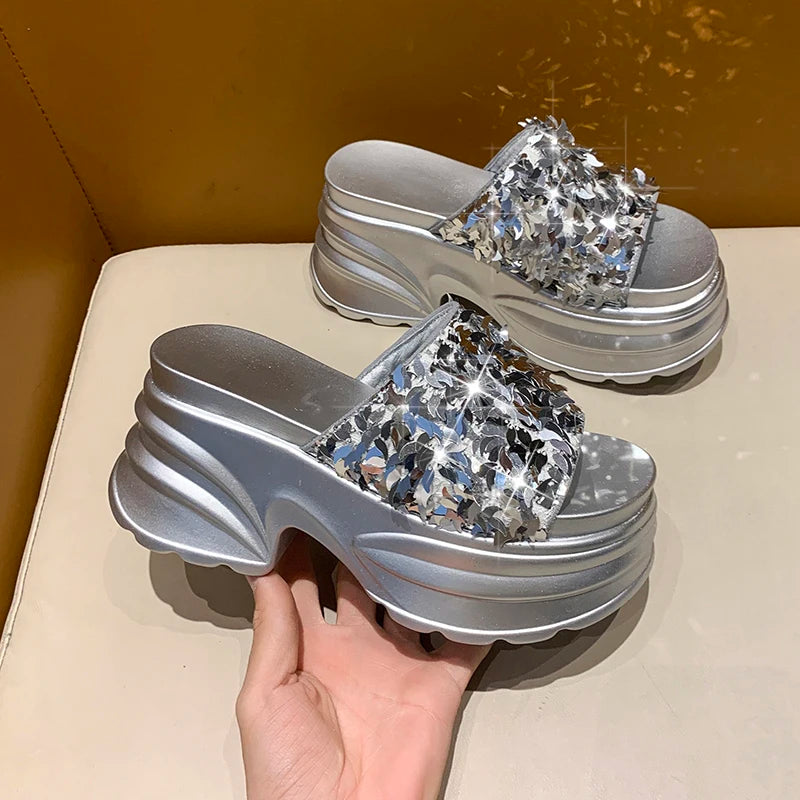 Metallic Sequined Platform Wedge Sandals for Women