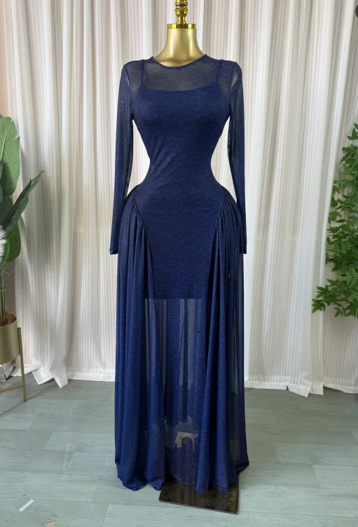 Elegant Pleated O Neck Long Sleeve Maxi Dress For Women