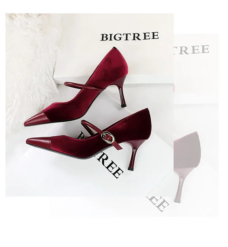 Suede Buckle Strap Pointed Toe Stiletto Pumps for Women