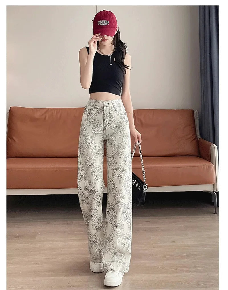 High Rise Wide Leg Printed Denim Pants For Women