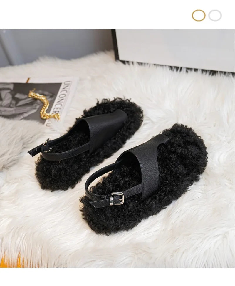 Cozy Plush Buckle Strap Flat Toe Slippers for Women