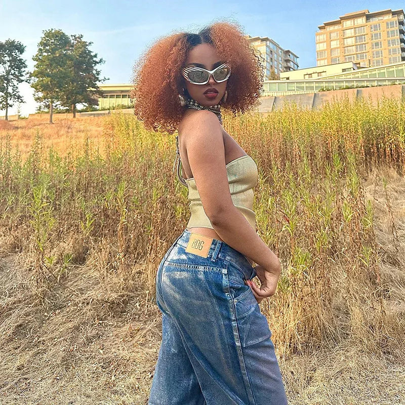 Cryptographic Fashion Vintage Strapless Gold Crop Tops Party Club Outfits for Women Tube Vest Sexy Backless Bustier Tops Y2K