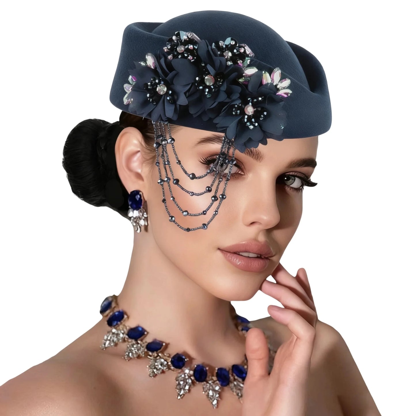Retro British Beret With Floral Rhinestone Decor For Women