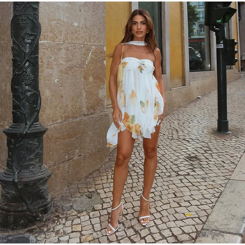 Sexy Ruffle Printed Backless Mini Dresses Lady Chic Sleeveless Off Shouder Pleated Short Vestido 2025 Summer Party Beach Robe