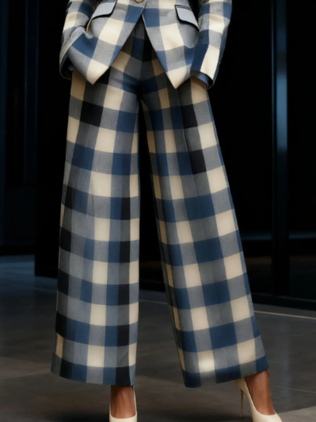 Plaid Print Lapel Single Button Blazer And High Waist Wide Leg Pants Two Piece Formal Business Matching Suit For Women Office Outfit Set