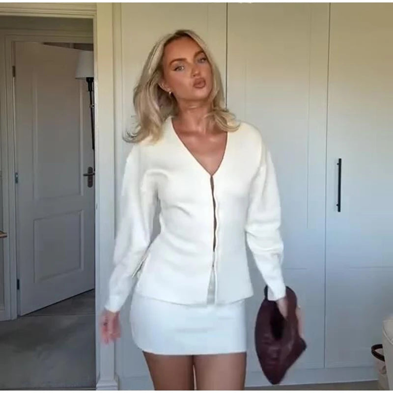 Elegant Knit Two Piece Set With Front Cutout and V Neck For Women