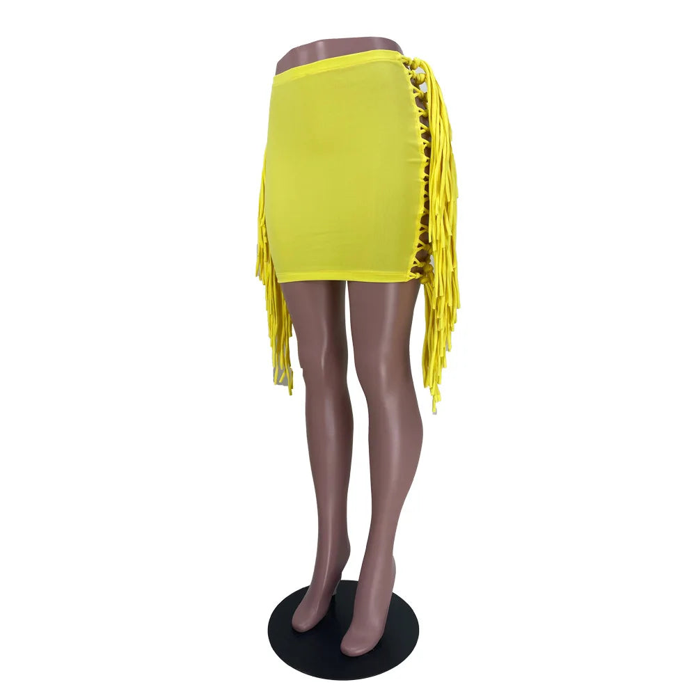 FAGADOER Sexy Tassel Bodycon Mini Skirts Party Club Outfits Women Fashion Chic Streetwear Short Birthday Holidays Skirt Solid