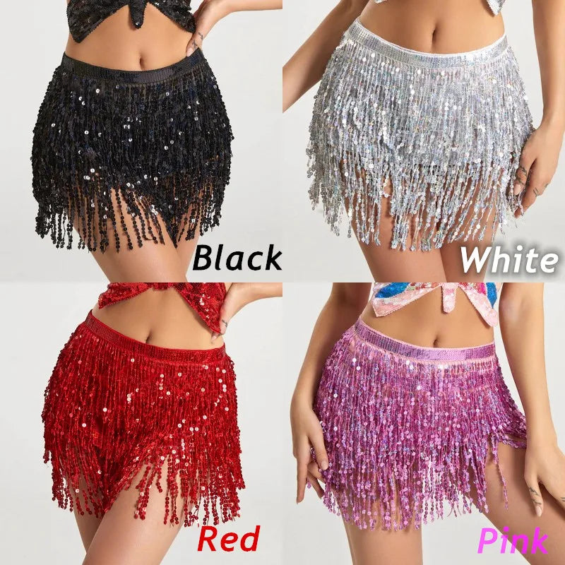 Sequined Tassel Latin Dance Crop Top and Skirt Set for Women