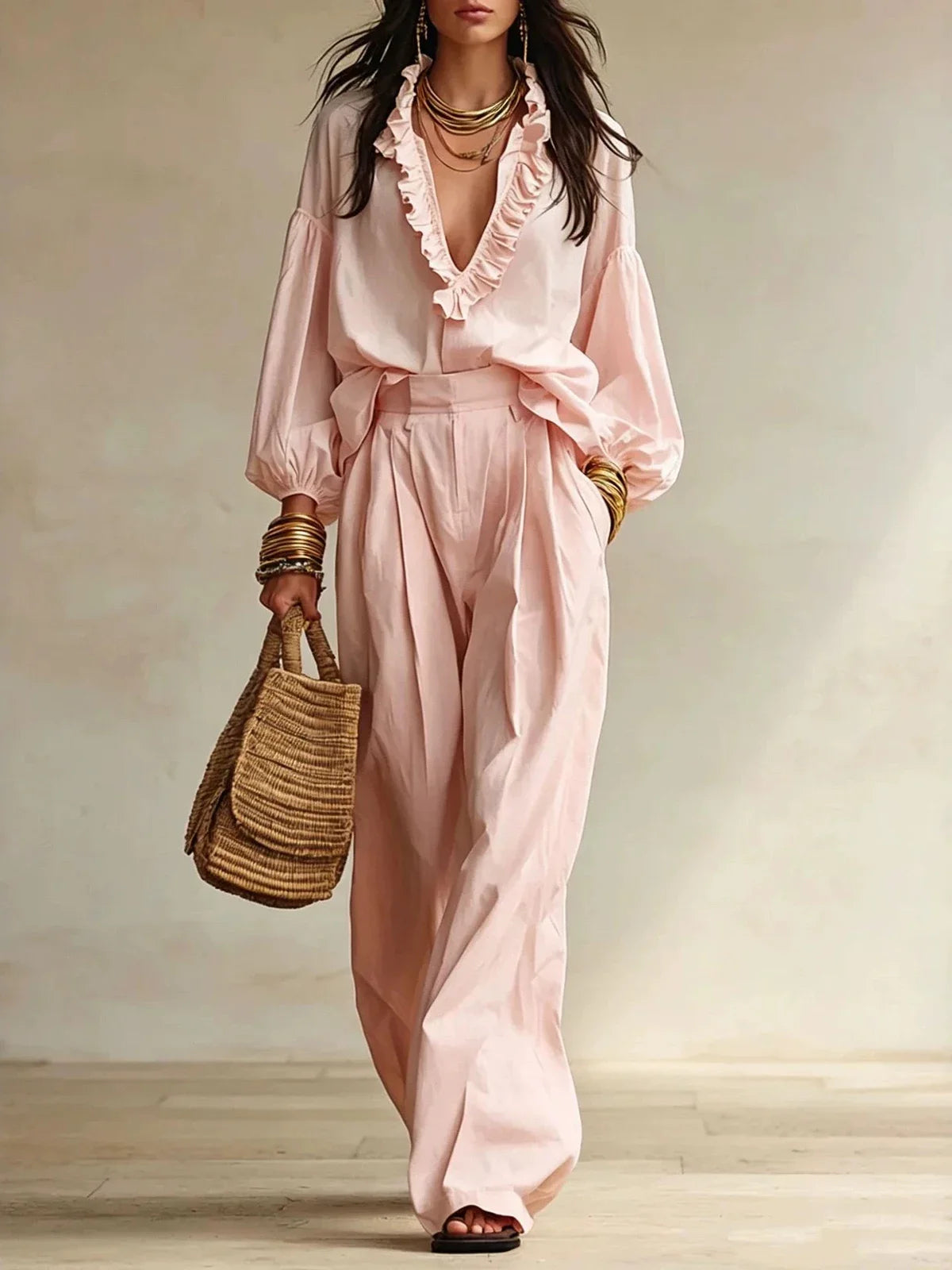 Vintage Ruffle V Neck Pleated Wide Leg Pants Set for Women