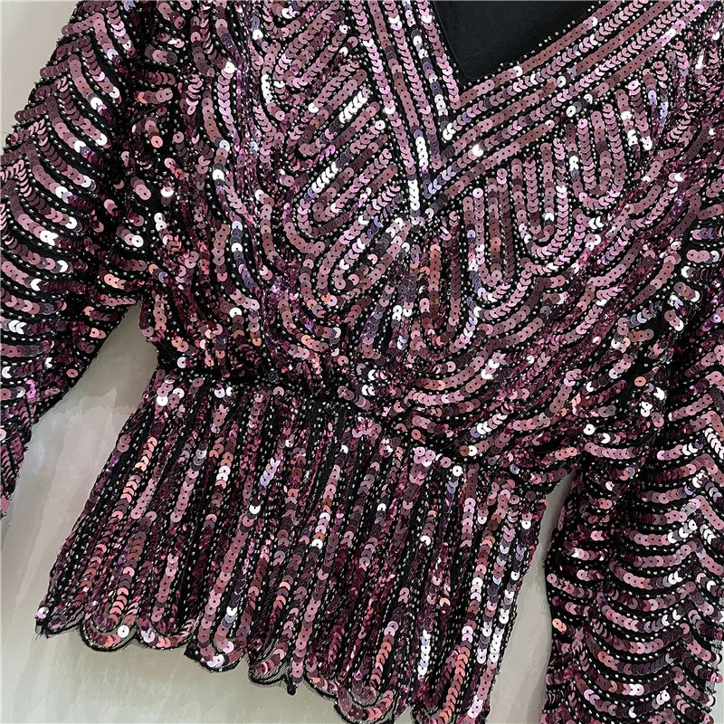 Ladies New Heavy Handmade Bling Beaded Sequins Batwing Sleeve Top Slimming Oversized Blouse Elegant Nightclub Pullover Shirts