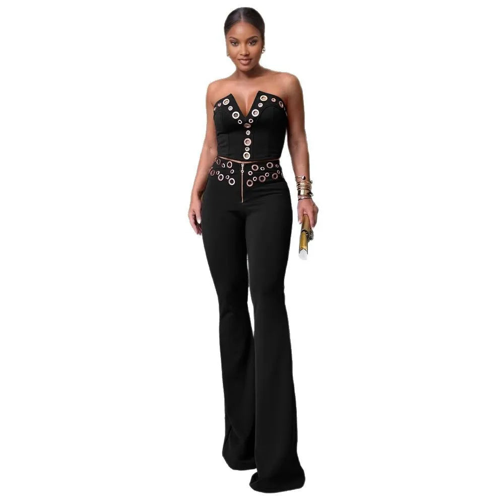 V Neck Top And Wide Leg Pants Set